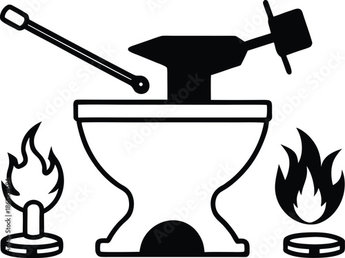 Classic blacksmith tools with fire and Hammer silhouette