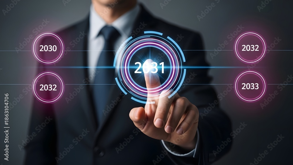 Fototapeta premium businessmin suit touches glowing holographic display showing the year 2031, surrounded by other years.