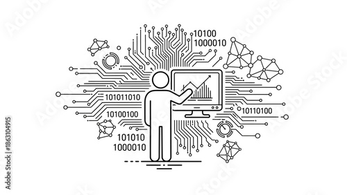 Stick Figure Man Programming at Computer with Binary Code and Digital Circuitry, Person Developing Software and System Solutions, isolated white background
