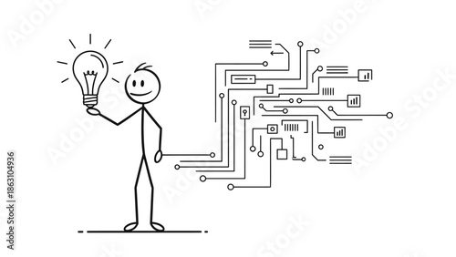 Happy Stick Figure Man Holding Idea Lightbulb with Digital Circuit Background, Person Expressing Joy for New Technology Innovation, isolated white background