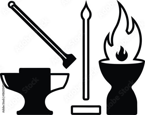 Classic blacksmith tools with fire and Hammer silhouette