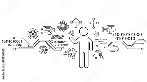Human figure deeply integrated within a complex digital circuit board layout and binary code, representing advanced digital systems on an isolated white background.