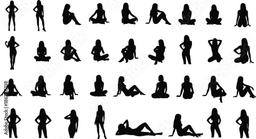 Silhouette poses of human figure in various standing, sitting, kneeling, and reclining positions for design, reference, and illustration use