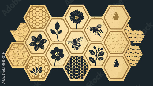 Honeycomb pattern with bees, flowers, and honey droplets
