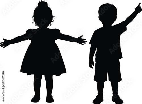 Silhouette of two playful children standing together, girl in dress and boy pointing upward, isolated on white background for design use