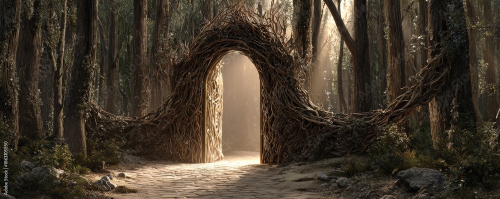 Naklejka premium A mystical archway made of twigs and branches stands in a sunlit forest, inviting exploration into an enchanting woodland.