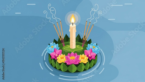 A serene krathong floating on water with a lit candle and incense sticks surrounded by colorful flowers and green leaves for loy krathong festival or a peaceful spa
