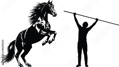 Silhouette of rearing horse and strong man with pole in dramatic pose, symbolizing power, control, performance, and dynamic motion.
