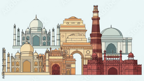 Illustration of famous indian monuments and buildings, including the taj mahal, red fort, qutub minar and india gate, showcasing diverse architectural styles