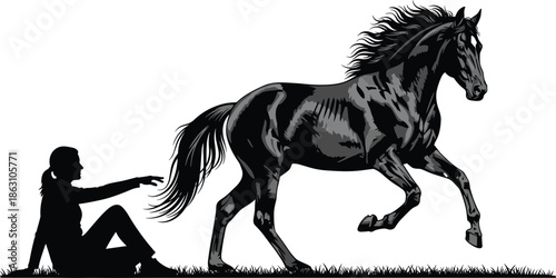 Silhouette of person reaching toward galloping horse in nature, symbolizing freedom, connection, motion, and human-animal bond in black and white