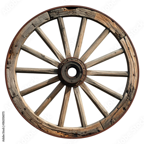 Broken Wooden Wagon Wheel with Missing Pieces, Angled Side View, Isolated