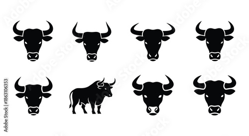 A collection of black bull head silhouettes in various styles and perspectives