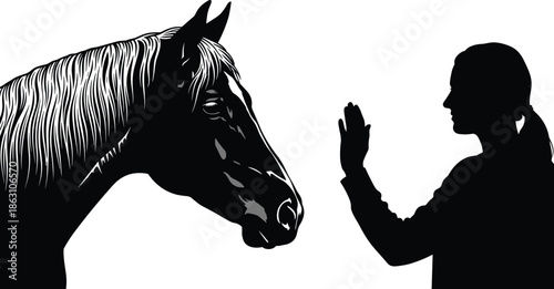 Silhouette of horse and woman interacting in peaceful moment, black and white vector for animal communication, trust, and companionship themes