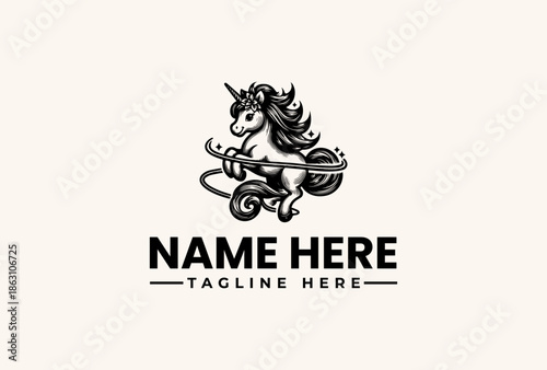 A black and white illustration of a unicorn logo with a tagline on a clean background, featuring a stylized horse with a horn and flowing mane, accompanied by placeholder text.