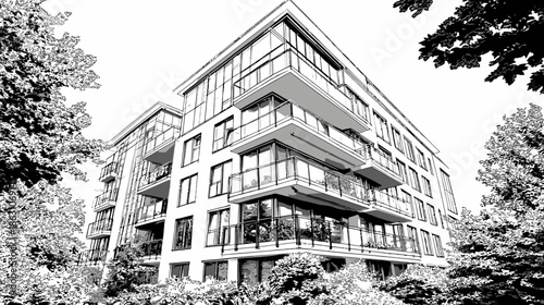 Modern apartment building illustration with sleek glass facades and balconies, surrounded by lush trees. Contemporary urban architecture.