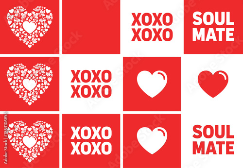 Romantic Red and White Grid Featuring Stylized Hearts, “XOXO” and “Soul Mate” Typography for Valentine’s Day or Love Themes
