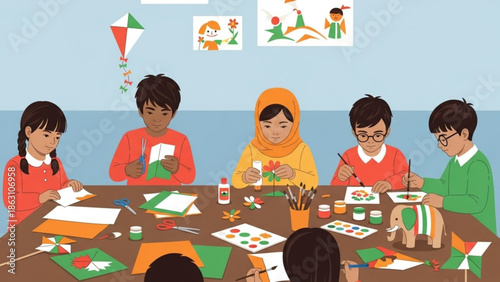 Diverse group of children engaging in creative arts and crafts activities at a table with colorful materials with creative activity and diversity