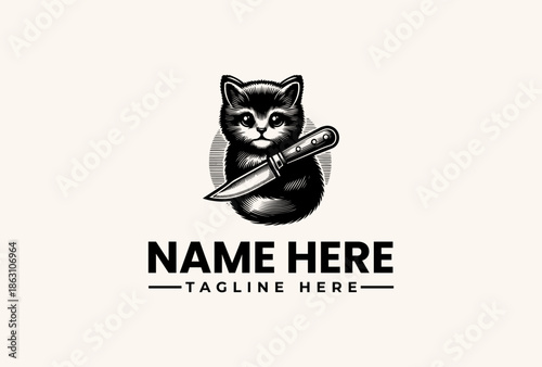 A black cat holds a knife in a logo illustration with a placeholder name and tagline on a beige background.