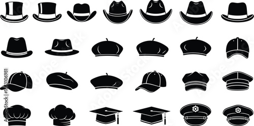 Silhouette Collection of 24 Iconic Hat Styles Including Cowboy, Fedora, Beret, Chef, Graduation, Military, Police, and Baseball Caps
