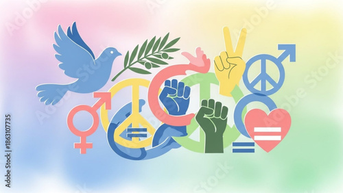 Vibrant illustration of peace and equality symbols on a colorful background with dove
