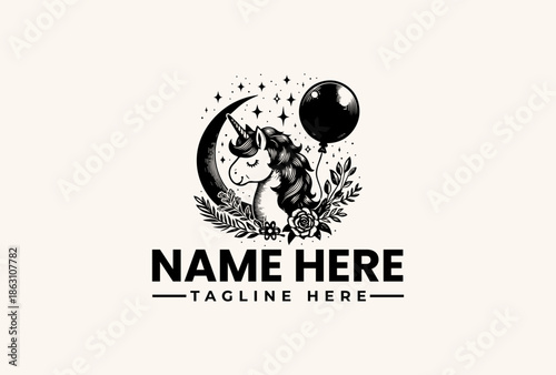 A black and white illustration of a unicorn with a crescent moon, balloon, and foliage, designed as a logo with space for a name and tagline on a plain background.
