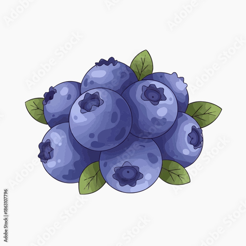 A vibrant cluster of blueberries with green leaves on a white background