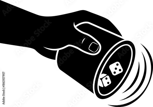 Human hand shaking dice in a cup. Game of chance and gambling concept. Ideal for casino, board game, and entertainment design. Vector icon