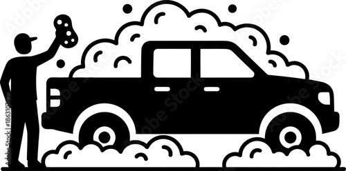 Man washing a pickup truck with soap suds and sponge. Vehicle cleaning service concept. Black and white vector illustration for icon, symbol, pictogram