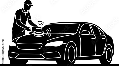 Man polishing car, auto detailing and washing service concept, clean and shine. Modern vehicle care. Vector illustration icon for mechanic business design