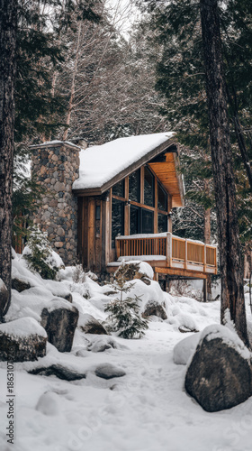 Snowy Forest Cabin Winter Retreat Cozy Nature Scene