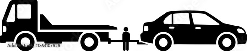 Person between a truck and a car connected together, for vehicle towing concept. Solid style. Vector icon