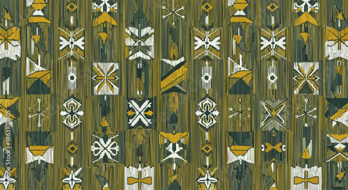 A vibrant, abstract pattern featuring intricate geometric shapes in earthy tones, creating a dynamic and visually engaging background texture.