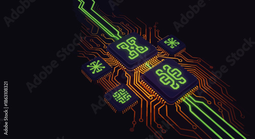 A vibrant digital artwork displays glowing green circuit board traces connecting microchips, representing advanced technology, artificial intelligence, and computing.