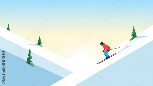 Skier in red jacket skiing down snowy mountain slope with pine trees under blue sky