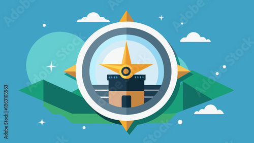 Modern compass icon with a Kaaba symbol pointing North, Qibla finder vector.