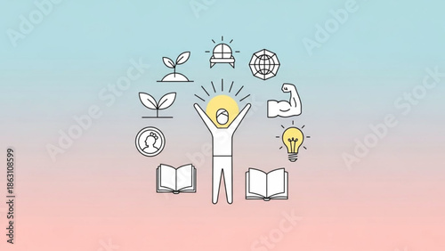 Person with hands up surrounded by icons representing growth, knowledge, and innovation