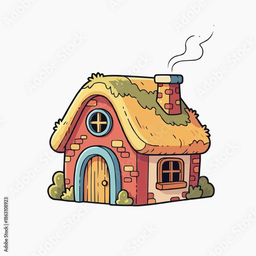 A charming cartoon house with a thatched roof and chimney