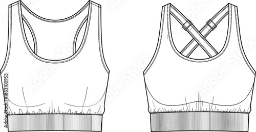 Sports bra technical sketch, front and back view, fashion illustration, garment design, activewear template, racerback style, adjustable straps, apparel construction