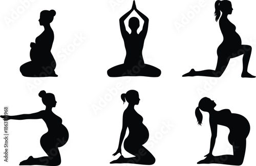 Silhouettes of pregnant women practicing gentle yoga and stretching exercises for health and wellbeing