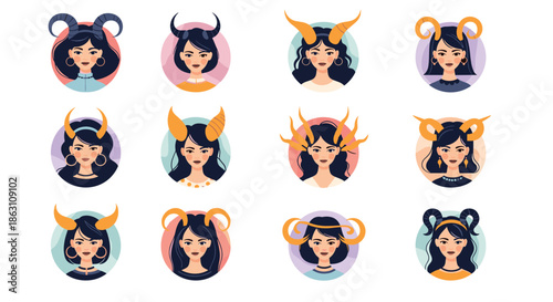 Set of twelve diverse female avatars representing zodiac signs with different styles of horns and hair in circular frames.