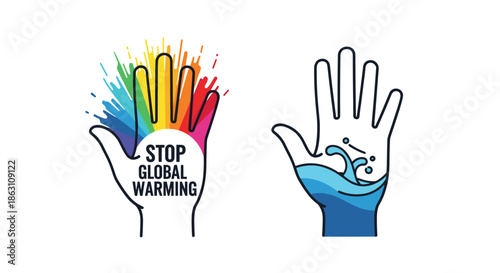 Conceptual illustration of two hands featuring a stop global warming message with rainbow colors and water waves.