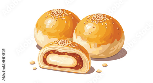 Traditional chinese pastries with golden sesame seed crust and a rich sweet filling shown in a cross section with sesame seeds around.