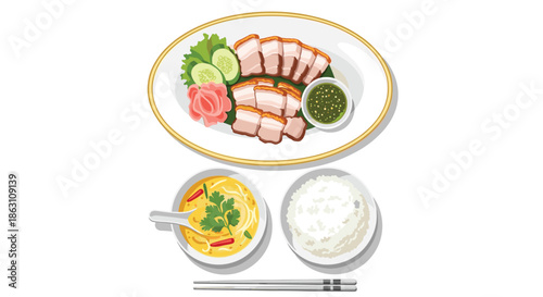 Plate of sliced crispy pork belly served with a bowl of soup, steamed rice, dipping sauce, and fresh cucumber.