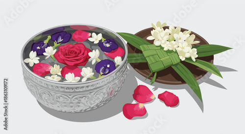 Elegant silver bowl filled with water and floating flowers like roses and jasmine for traditional Thai ceremonies.