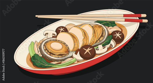 Luxurious dish of sliced braised abalone served with shiitake mushrooms, greens, and chopsticks on an oval plate.
