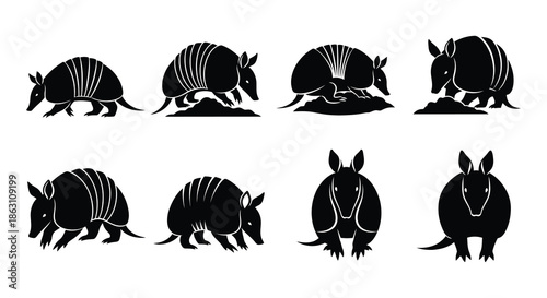 Black and white illustration depicting several armadillos in different poses