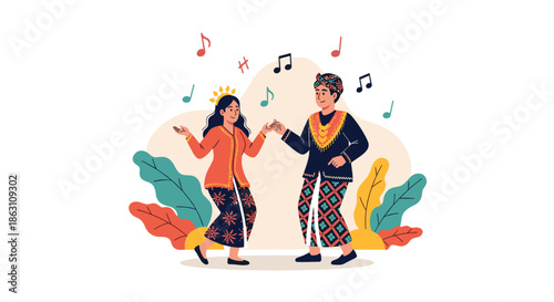 Cheerful illustration of a couple performing a traditional Indonesian dance in vibrant ethnic costumes with music notes.