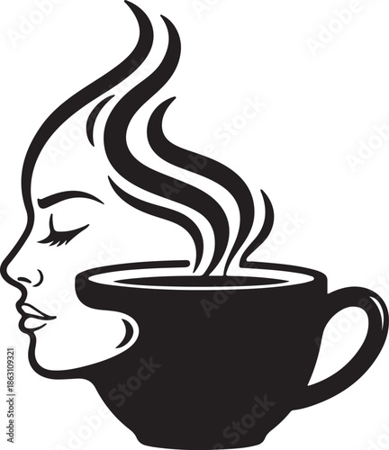 A steaming cup of hot coffee sits on a saucer, featuring a brown espresso beverage with a rich aroma and caffeine kick, perfect for a breakfast break at a cafe