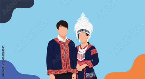Portrait of a couple wearing traditional Hmong ethnic costumes with intricate embroidery and a large white headdress.