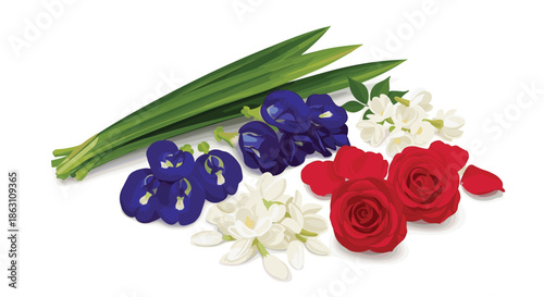 Beautiful arrangement of tropical flowers including roses, jasmine, and butterfly pea flowers with green pandan leaves.